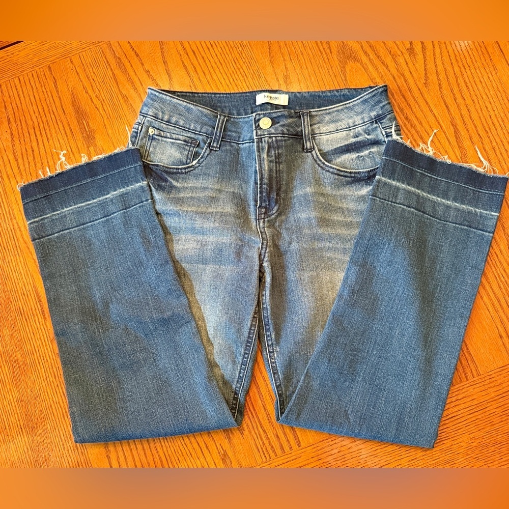 Kensie‎ Jeans Straight Leg 2/26 Blue Raw Hem Frayed Ankle Croppped Boho Festival